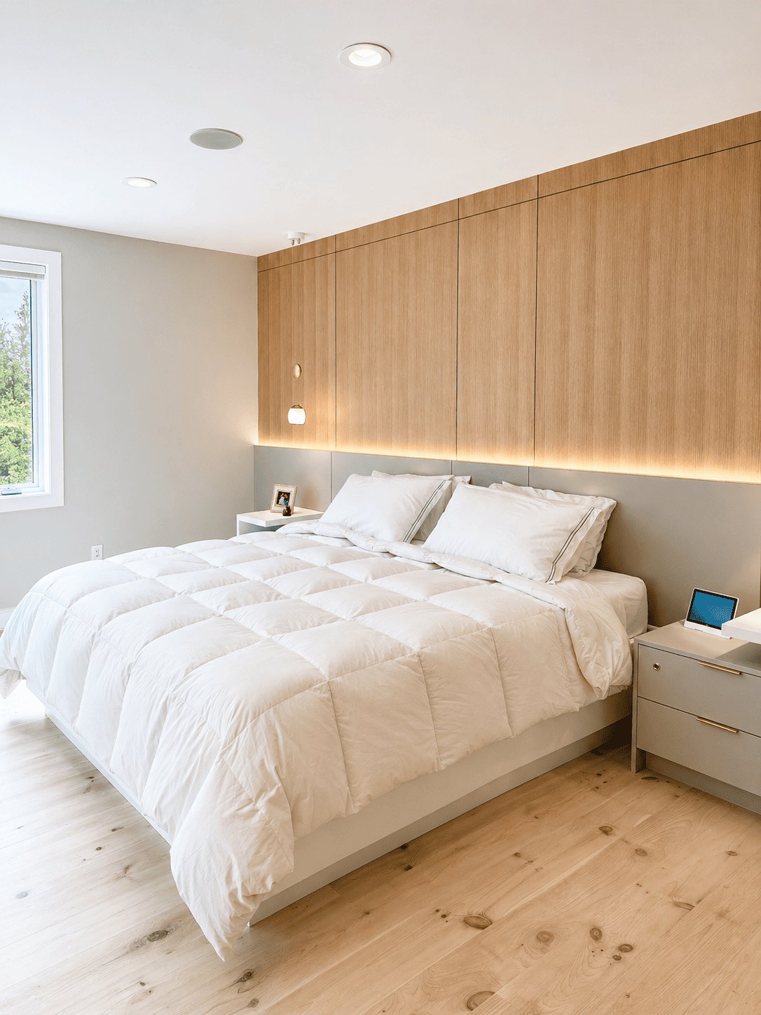 Bedford Residence primary bedroom with a full-height white oak headboard wall
