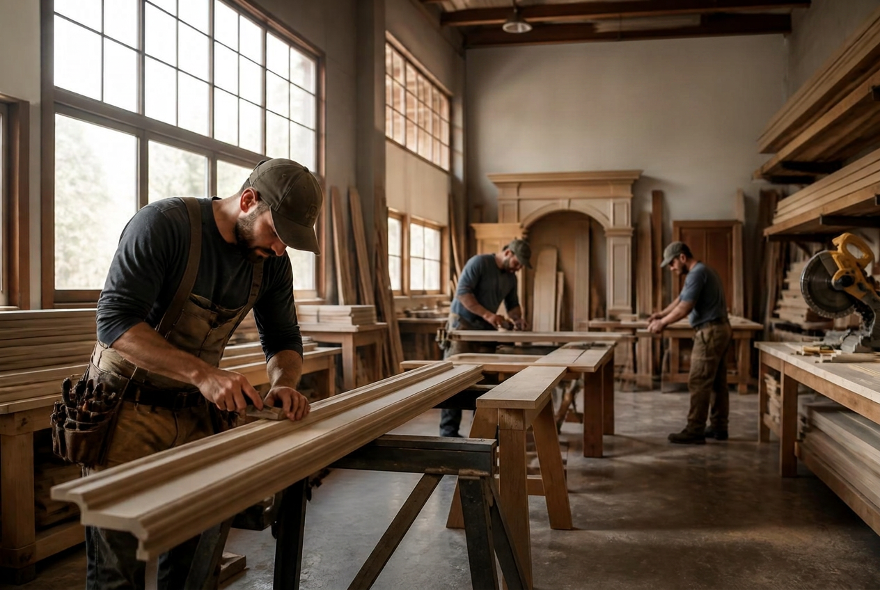 iBuild carpenters hand-finishing millwork in the Seabrook shop