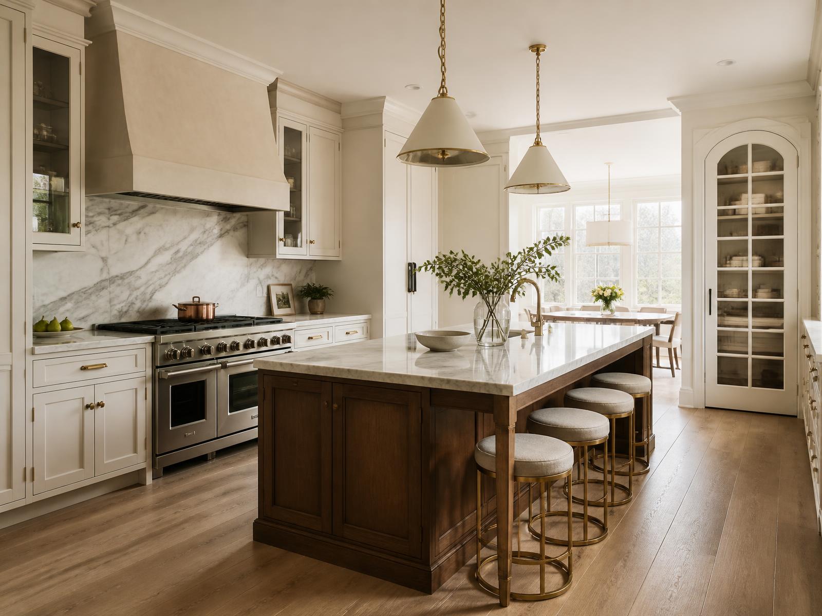 Transitional kitchen with walnut island and marble slab backsplash