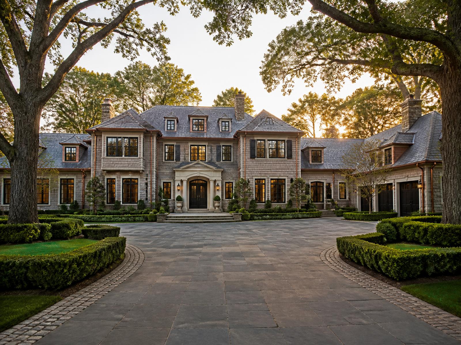 Grand shingle and stone estate with slate roof in Weston, Massachusetts