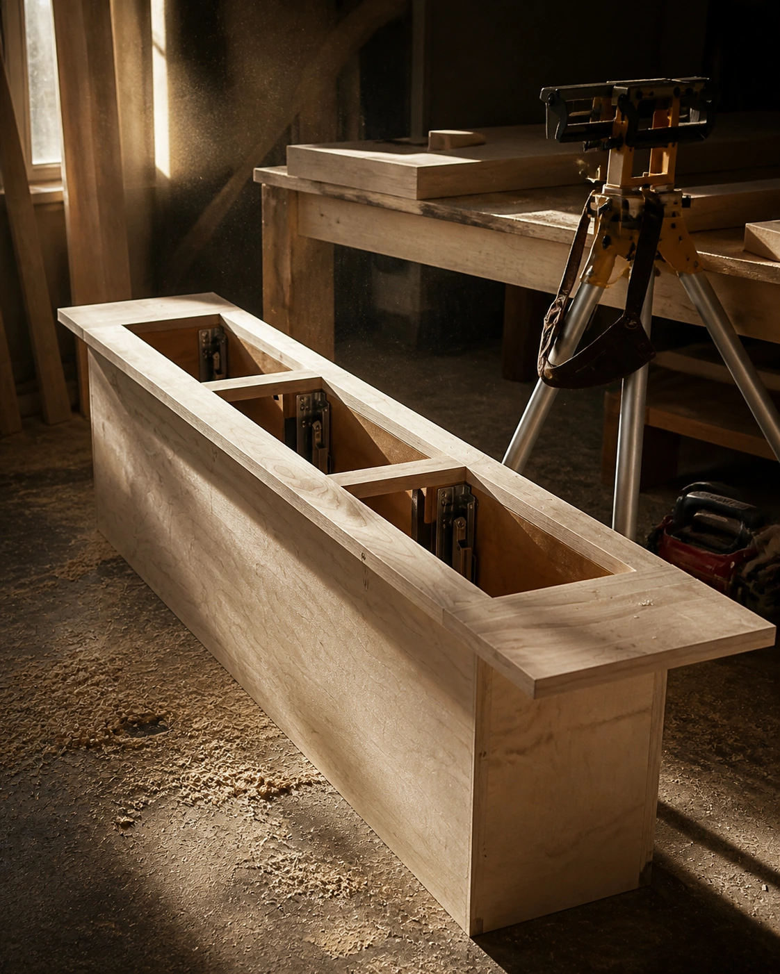Custom cabinet assembly underway at a workbench